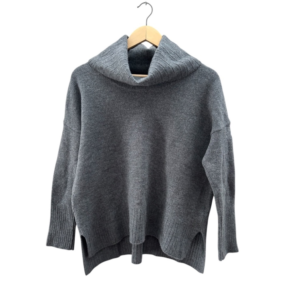 H By Halston Extra Fine Merino Wool Boxy Cowl Neck Minimalist Grey Cozy Sweater